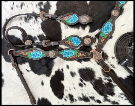 Showman Cheetah print inlay with painted blue flower accent one ear headstall and breast collar set #2